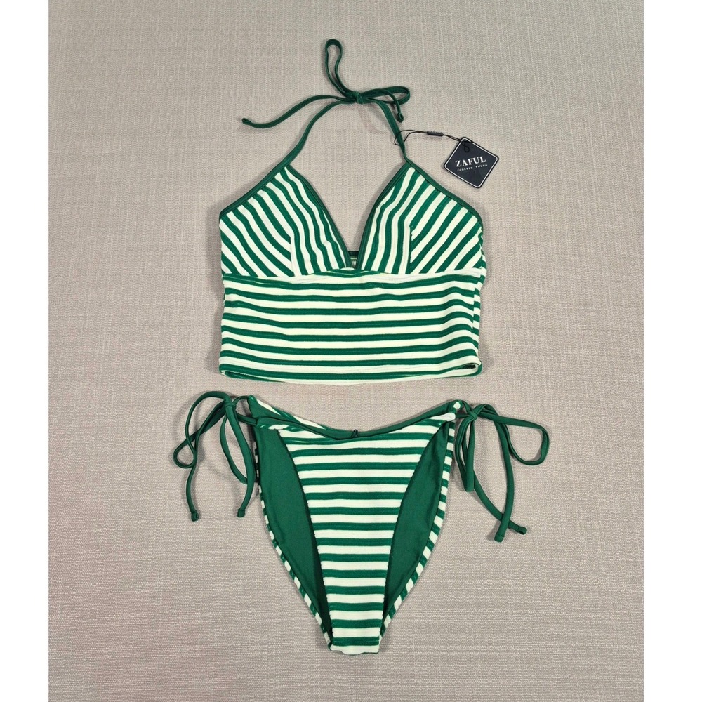 Zaful Green White Striped Halter Cropped Tankini Set High Cut Tie Side Medium